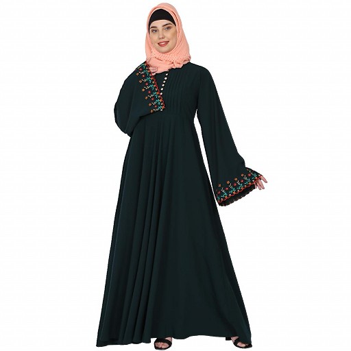 Fashionable Umbrella abaya with embroidery work -Bottle Green